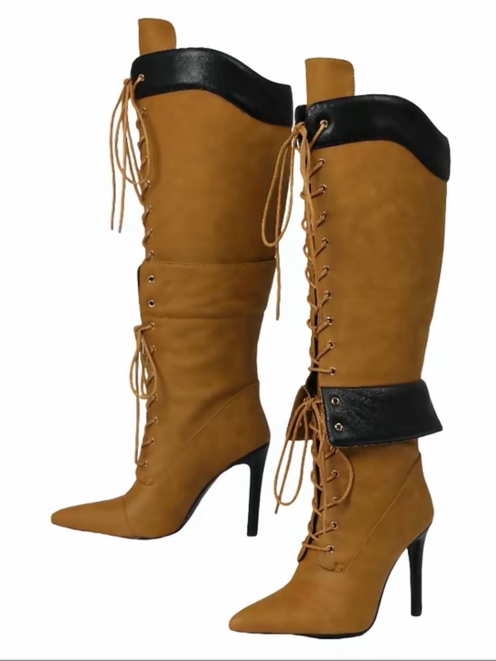 Women's Lace-Up Knee-High Heeled Boots in Tan and Black